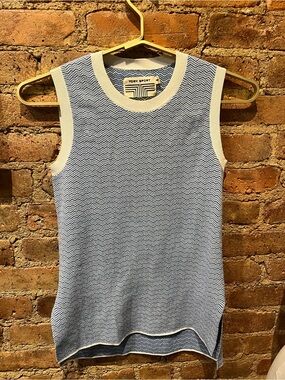 Tory Sport Blue Herringbone Sleeveless Knit Tank with Cream Trim